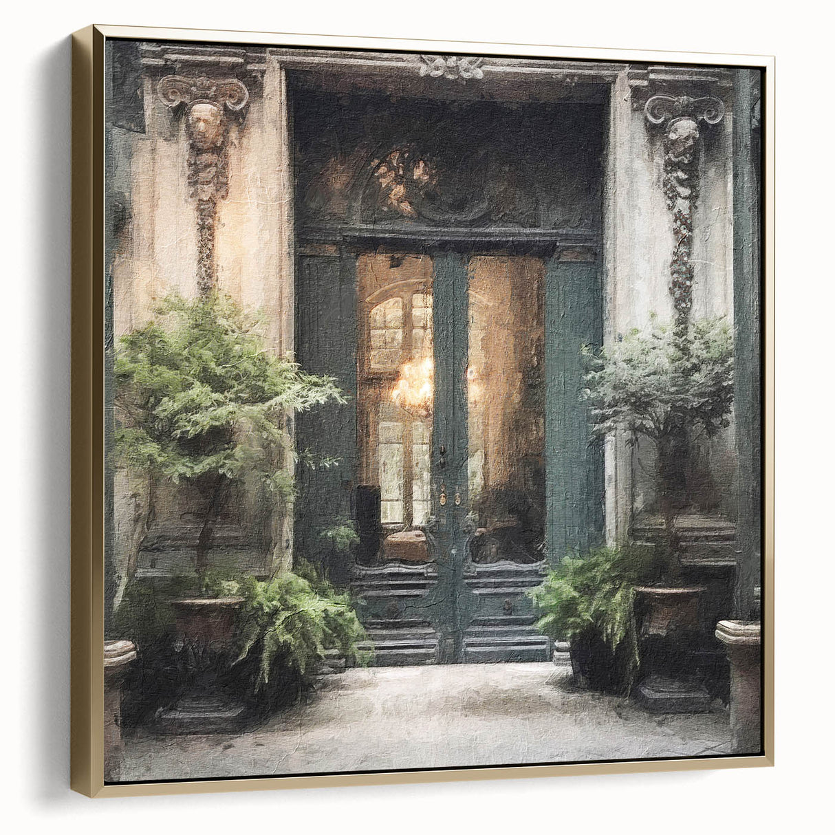 Framed canvas of a vintage poster featuring a black and gold French door landscape, ideal for bedroom wall decor.