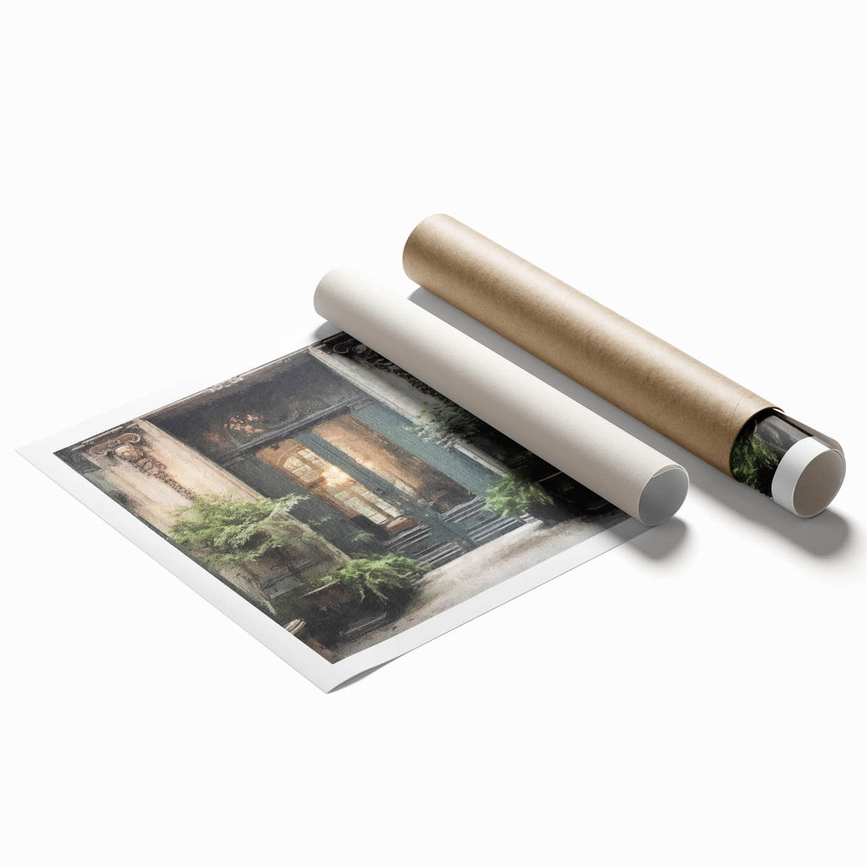 Extra large rolled print featuring a detailed floral design on a French door, in muted earth tones.