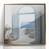 Mid-century modernist acrylic print depicting a Greek architecture door in gold tones, ideal for modern art wall decor.
