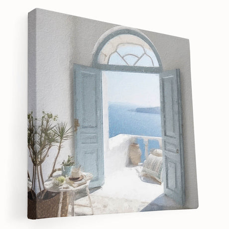 Side view of a large stretched canvas featuring a Greek architecture door design in neutral tones.