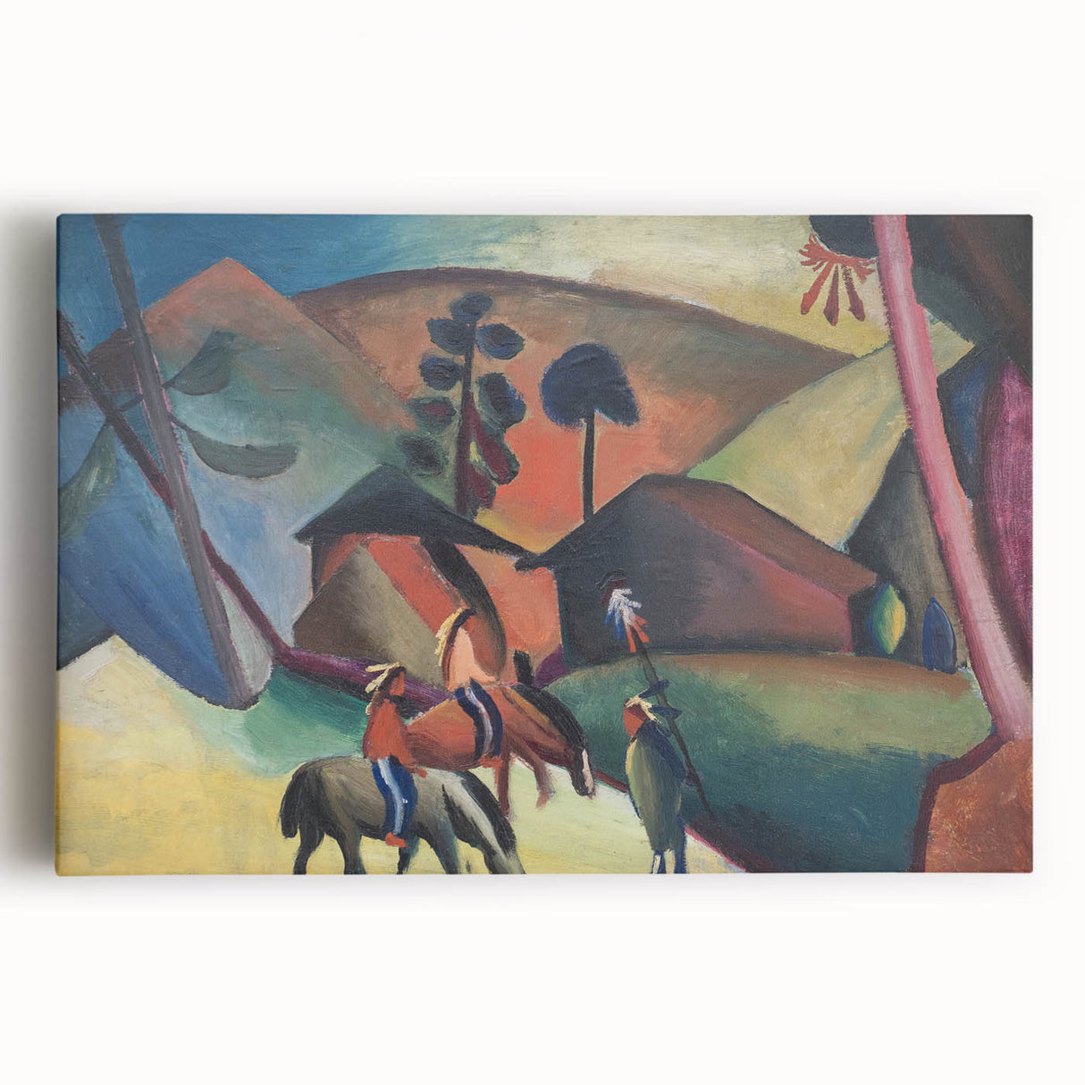 Expressionist Landscape Scene – Vibrant Indians on Horseback Wall Art
