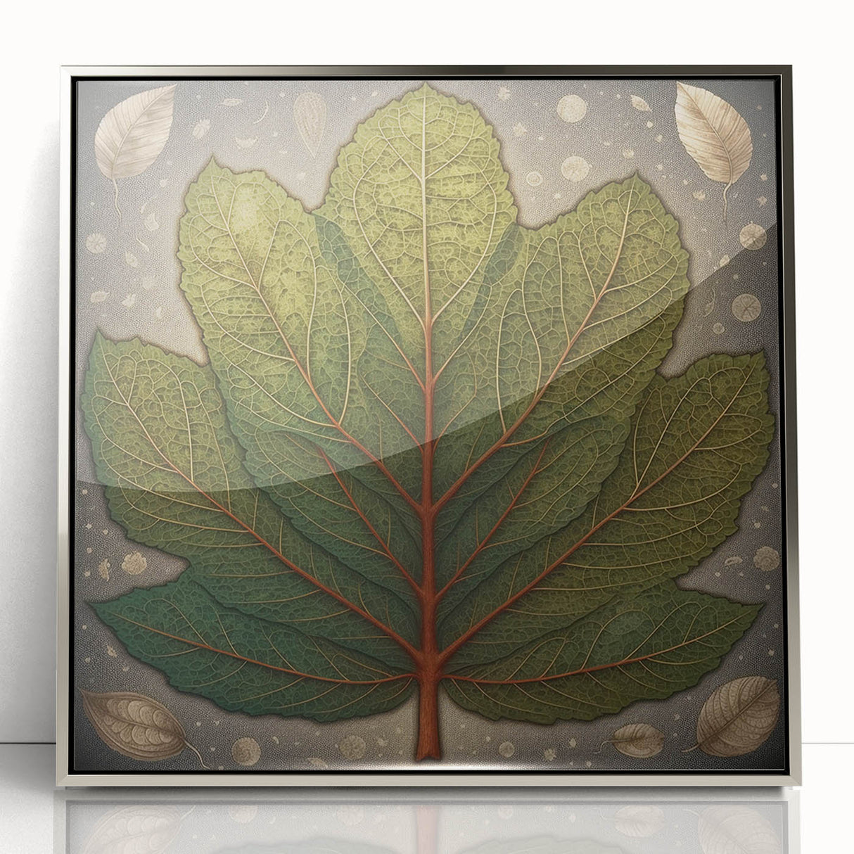 Framed wall art featuring a botanical design with colorful flowers and green leaves, set in a sleek silver frame, ideal for home decor enhancement.