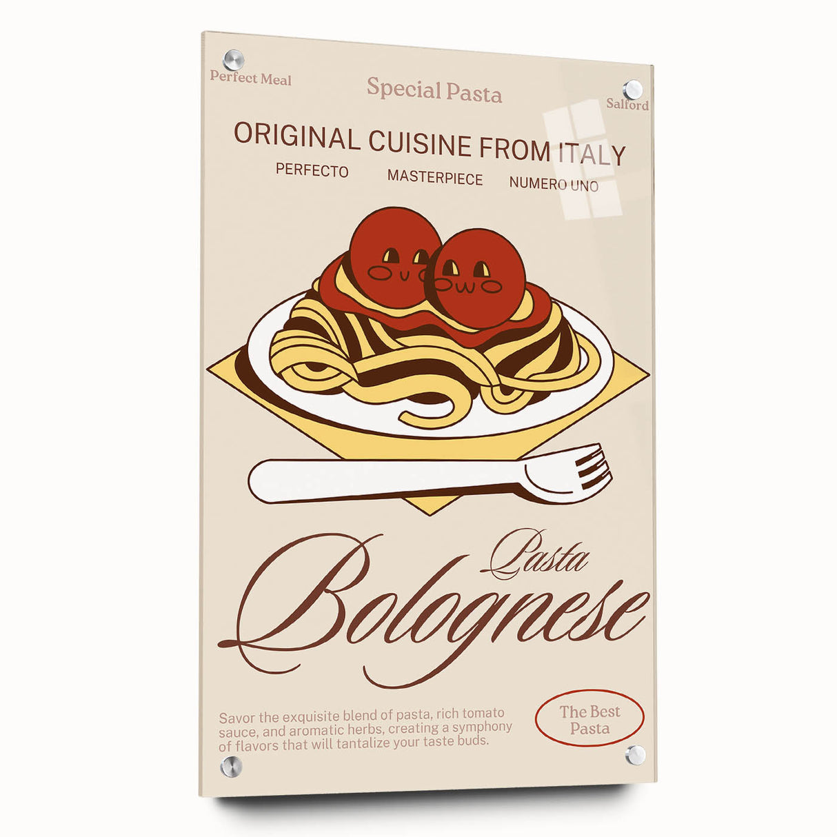 Acrylic print of various food dishes in a vivid, realistic style, ideal for dining room decor.