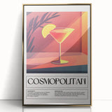 Art deco poster of food and drinks in vibrant gold tones on acrylic, framed, ideal for modern kitchen decor.