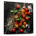 Acrylic print of large abstract wall art featuring assorted fruits in vibrant colors, ideal for dining room decor.