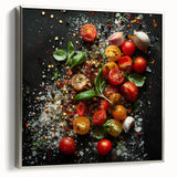 Framed canvas featuring a vintage poster art of colorful fruits on a black background, suitable for kitchen wall decor.