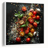 Vintage poster art of colorful fruits on a white framed canvas, ideal for extra large living room wall decor.