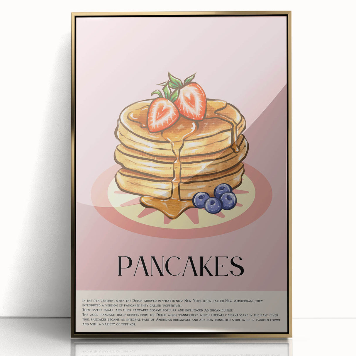 Mid-century modernist art of pastries in gold frame on acrylic, with vibrant colors, ideal for nursery wall art.