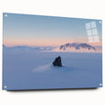 Acrylic glass artwork depicting serene sand dunes at sunset, showcasing soft gradients of orange and blue. Perfect for modern home decor, featuring a side view with pins for mounting.