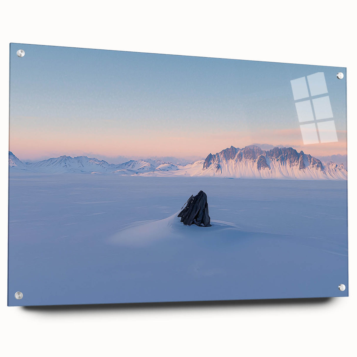 Acrylic glass artwork depicting serene sand dunes at sunset, showcasing soft gradients of orange and blue. Perfect for modern home decor, featuring a side view with pins for mounting.