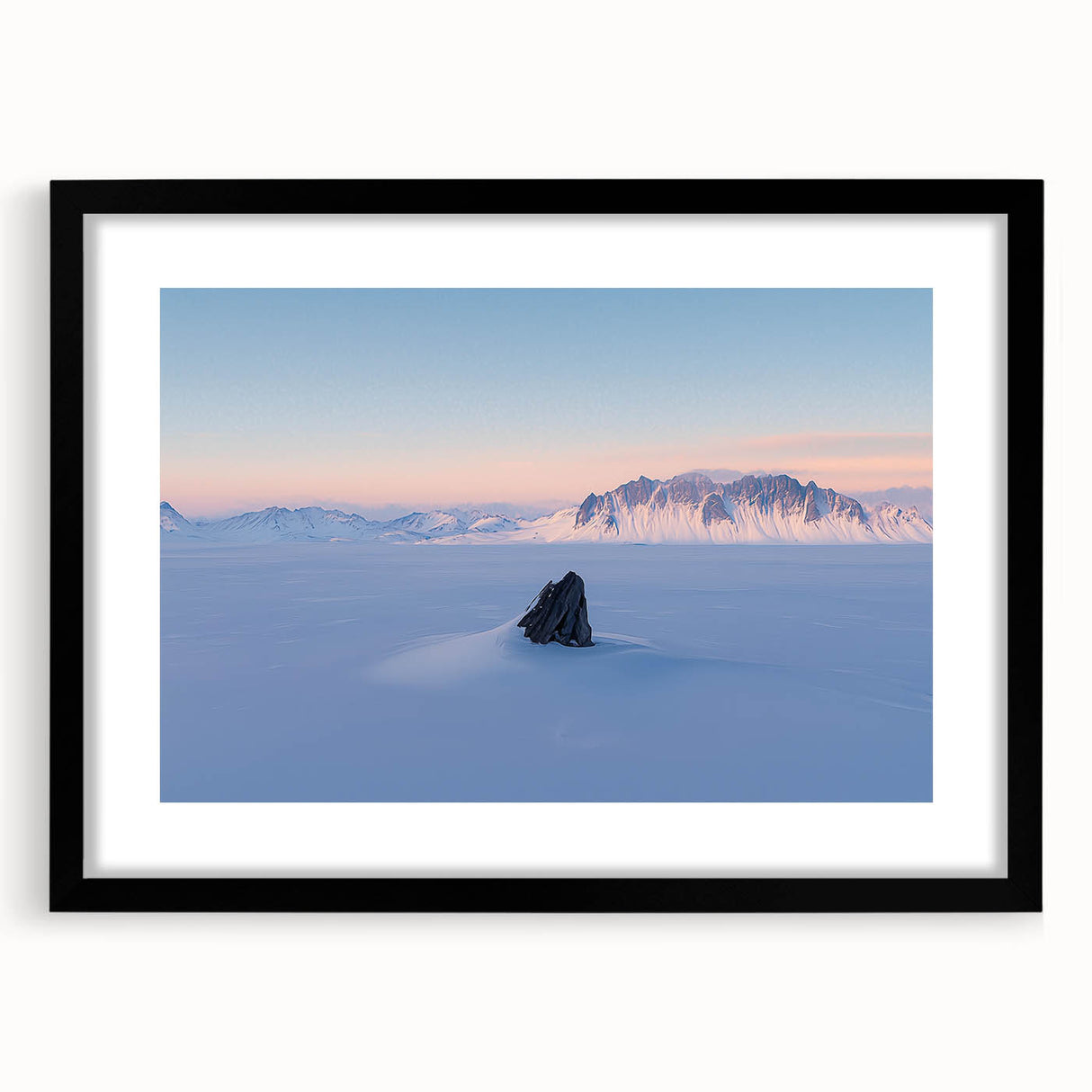 Elegant black-framed landscape art print featuring serene sand dunes, enhanced with a white mat, perfect for modern home decor. Ideal for nature lovers.