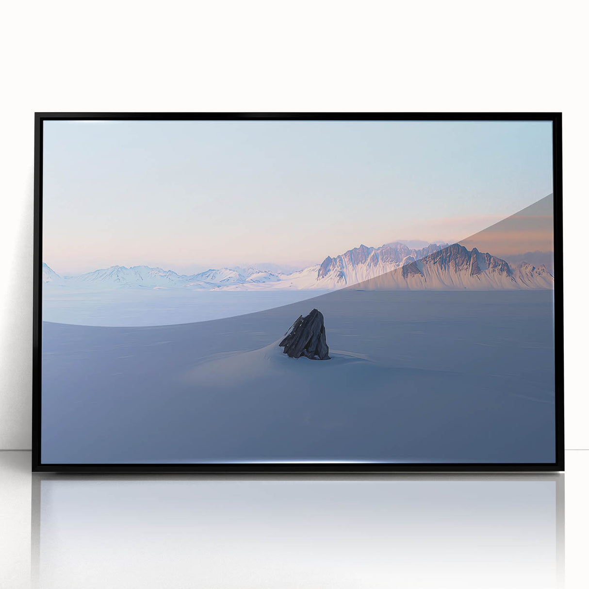 Framed acrylic artwork showcasing a serene desert landscape with rolling dunes, presented in a sleek black frame, ideal for modern home decor.