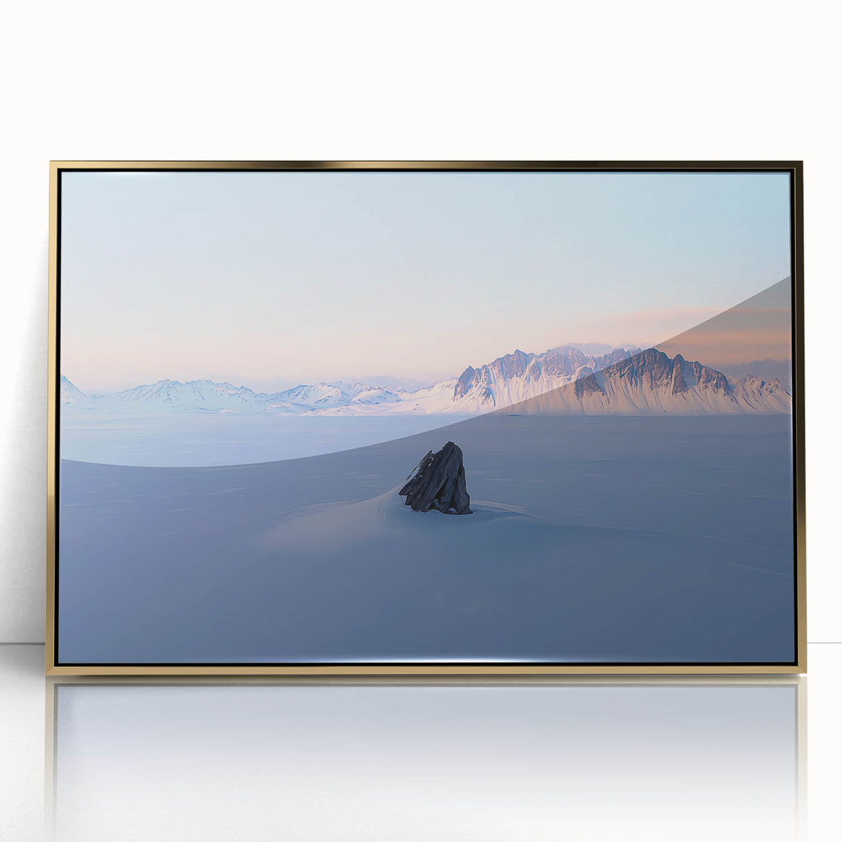 Framed acrylic artwork showcasing stunning golden sand dunes under a vibrant blue sky, adding an elegant touch to modern home decor with its captivating design.