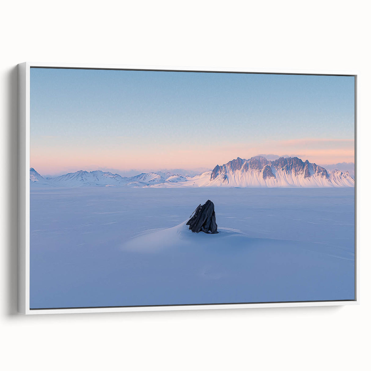 Framed canvas artwork depicting serene sand dunes in a minimalist style, showcasing soft beige and white tones, perfect for modern home decor.