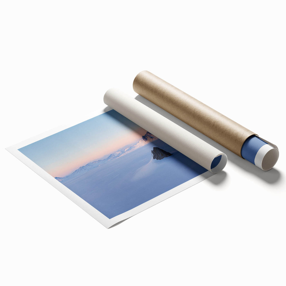 Golden sand dunes stretch under a vibrant sunset, captured in a rolled landscape print. The artwork showcases warm hues and gentle curves, perfect for enhancing any room's decor.