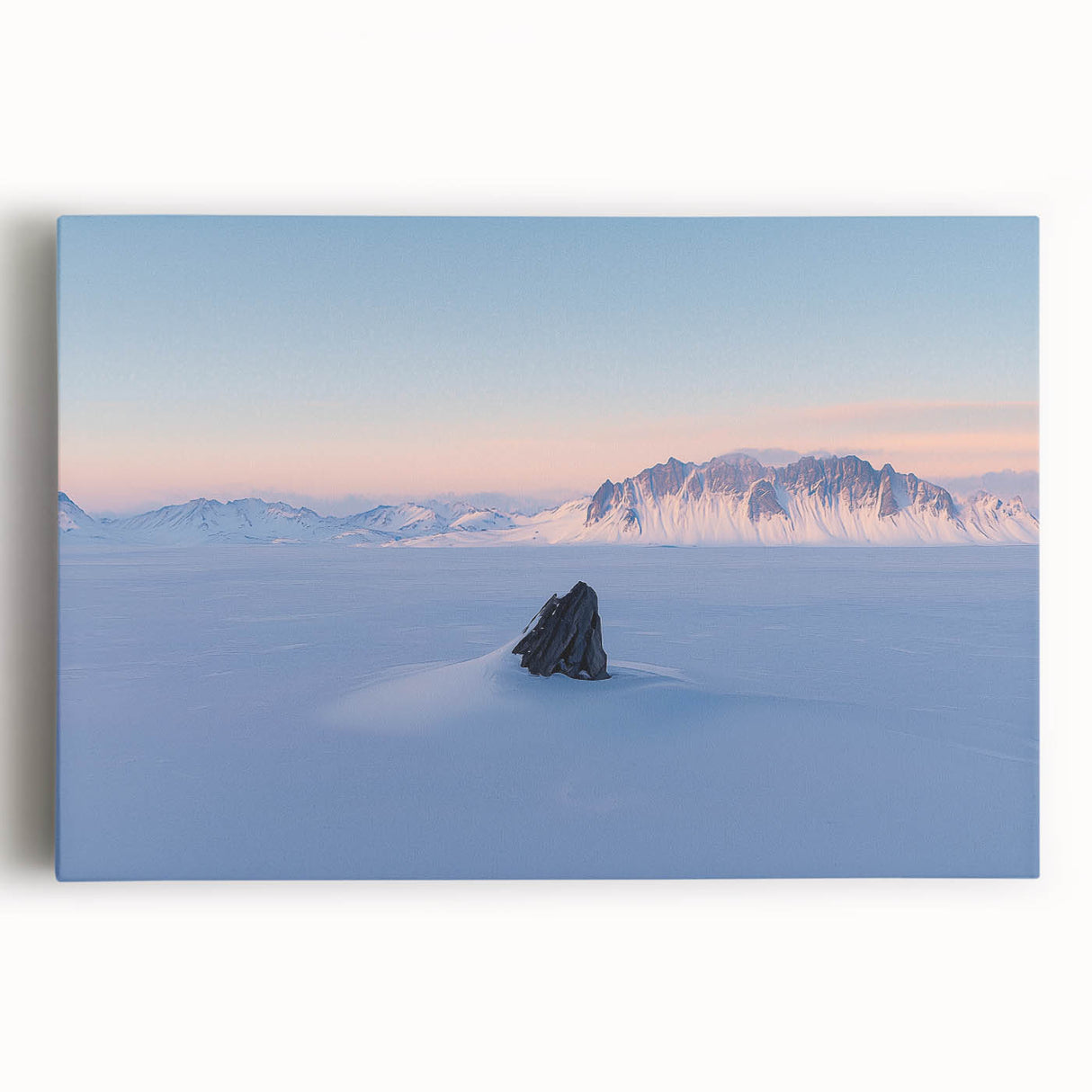 Stretched canvas artwork depicting serene desert dunes at sunset, featuring warm golden and orange hues, perfect for modern home decor. Ideal for nature enthusiasts and minimalist interiors.