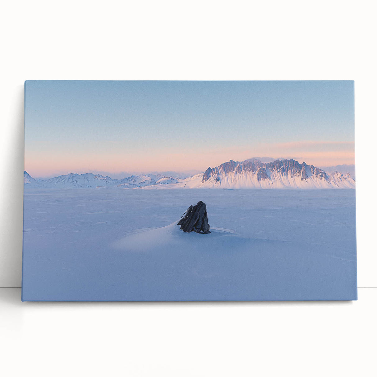Stretched canvas artwork depicting serene desert dunes at sunset, showcasing warm golden and orange hues, perfect for enhancing home decor with a calming aesthetic.