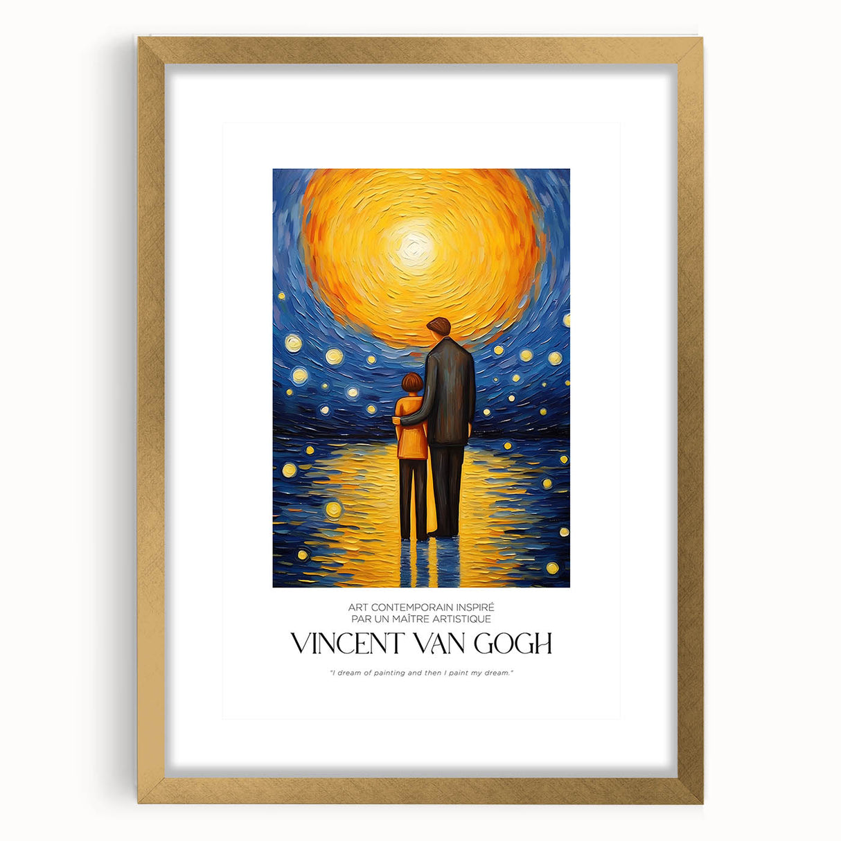 Extra large abstract art print of a Van Gogh impressionist painting in a gold frame, ideal for living room decor.