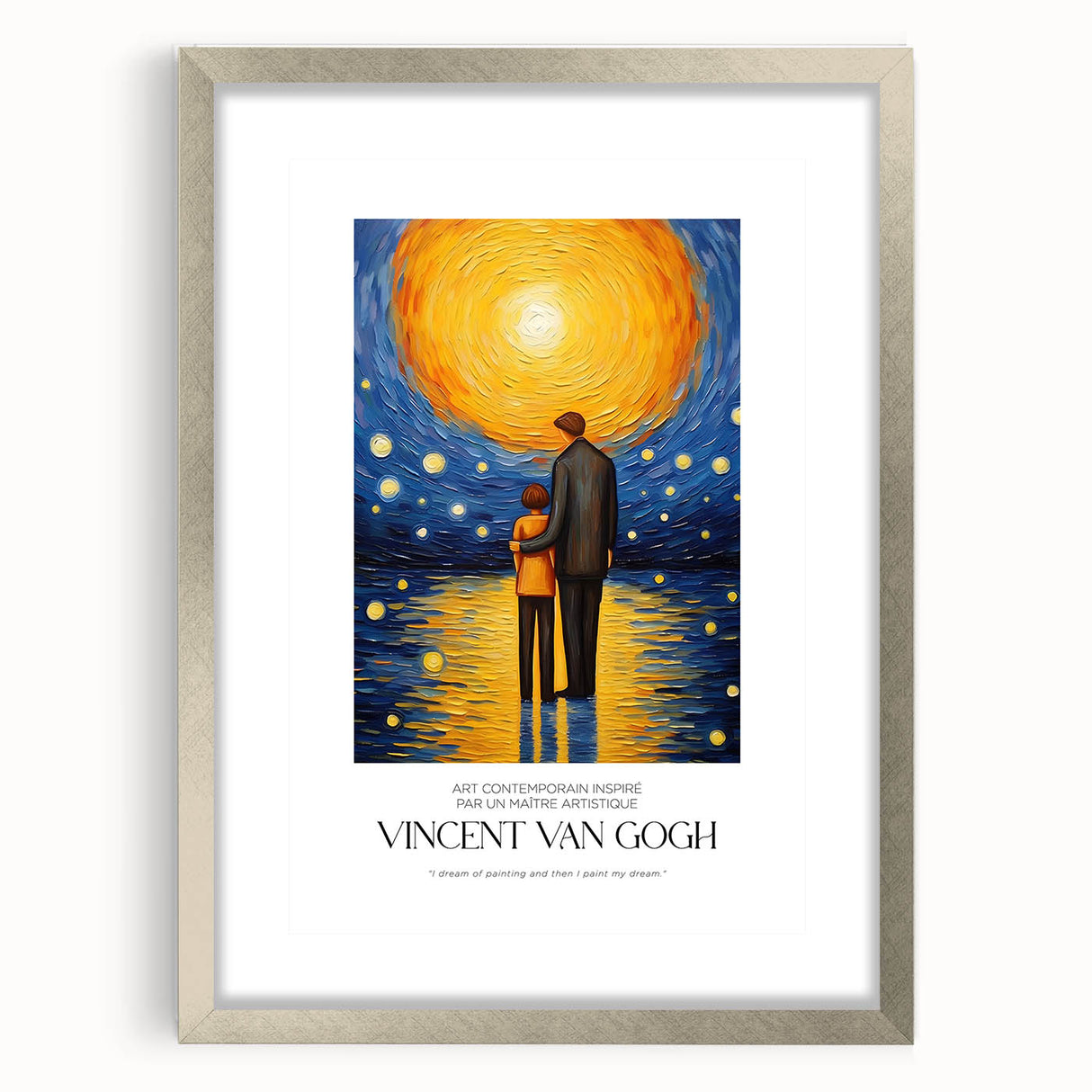 Textured art depicting an abstract interpretation of Van Gogh's style in muted blues and yellows on a silver-framed canvas.