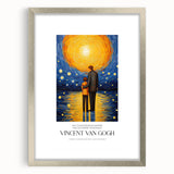 Textured art depicting an abstract interpretation of Van Gogh's style in muted blues and yellows on a silver-framed canvas.