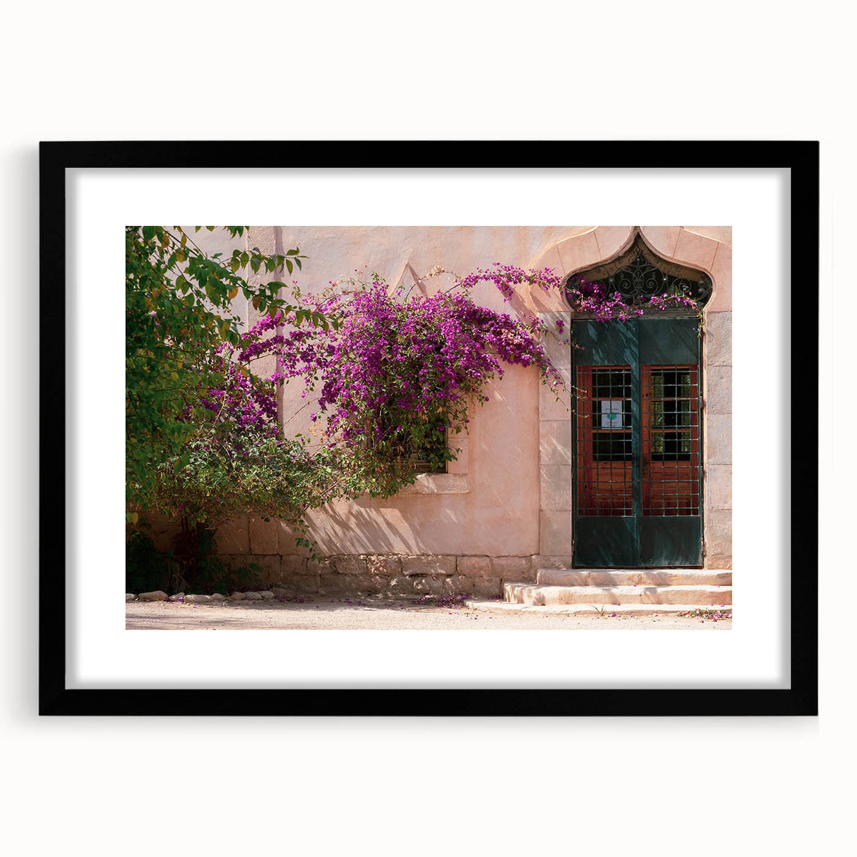 Abstract art print featuring vibrant, colorful textures, set in a large black-framed mat, ideal for living room decor.