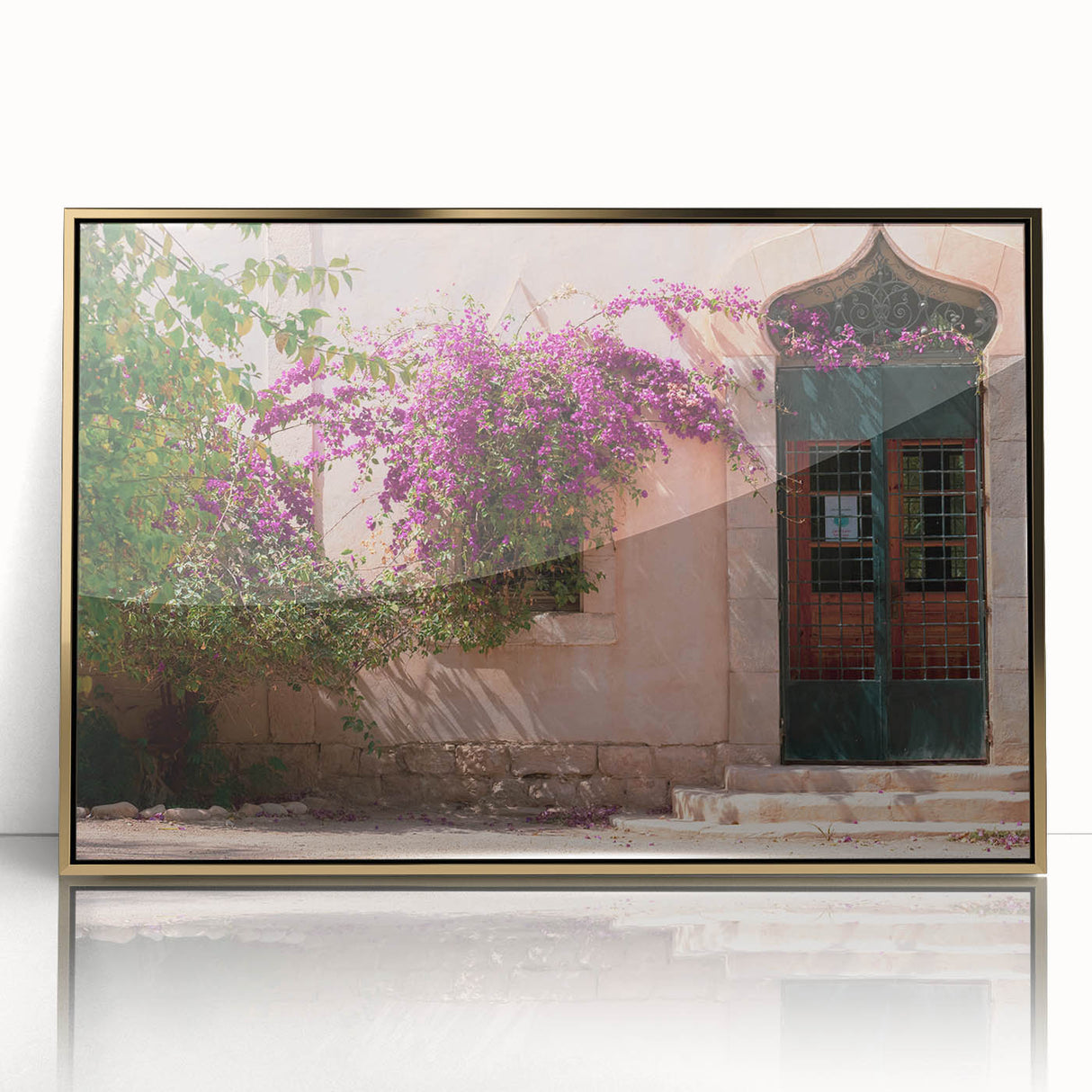 Mid-century modernist art depicting a serene Algerian landscape in muted earth tones, framed acrylic.