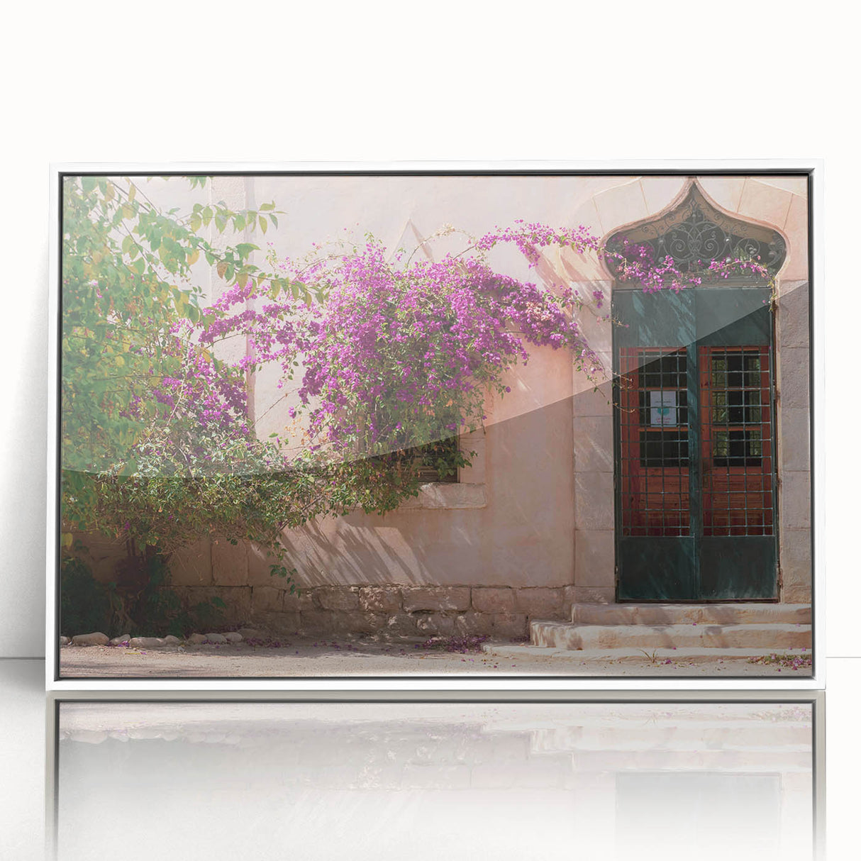 Large art print of an Algerian landscape on a framed acrylic, featuring mid-century modernist style with earthy tones.