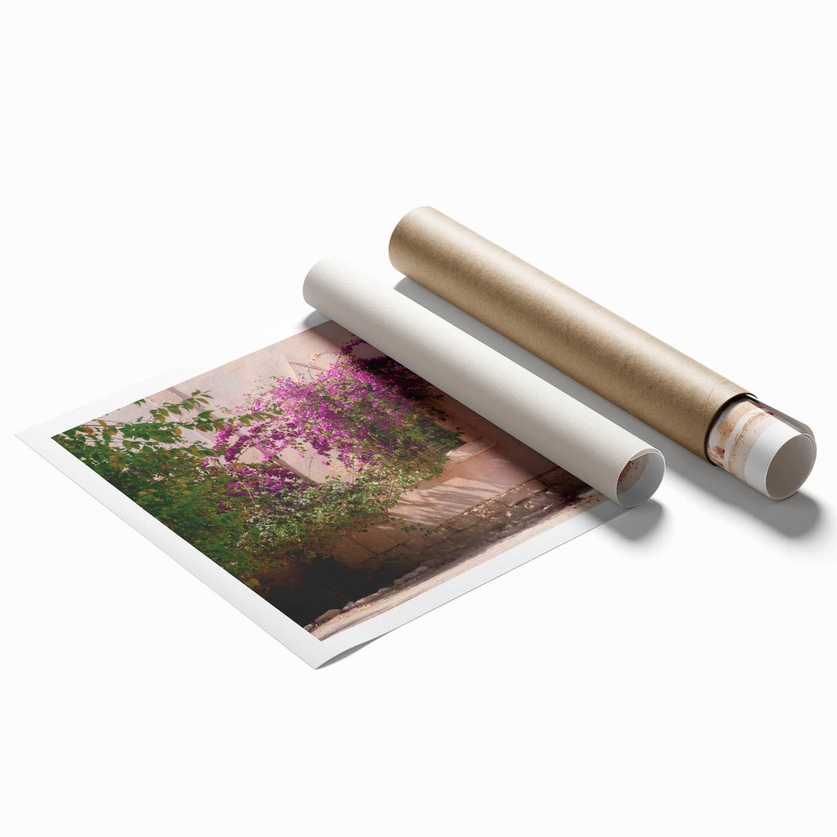 Extra large rolled print of Algerian scenery with vibrant floral elements, ideal for classy bathroom wall art.