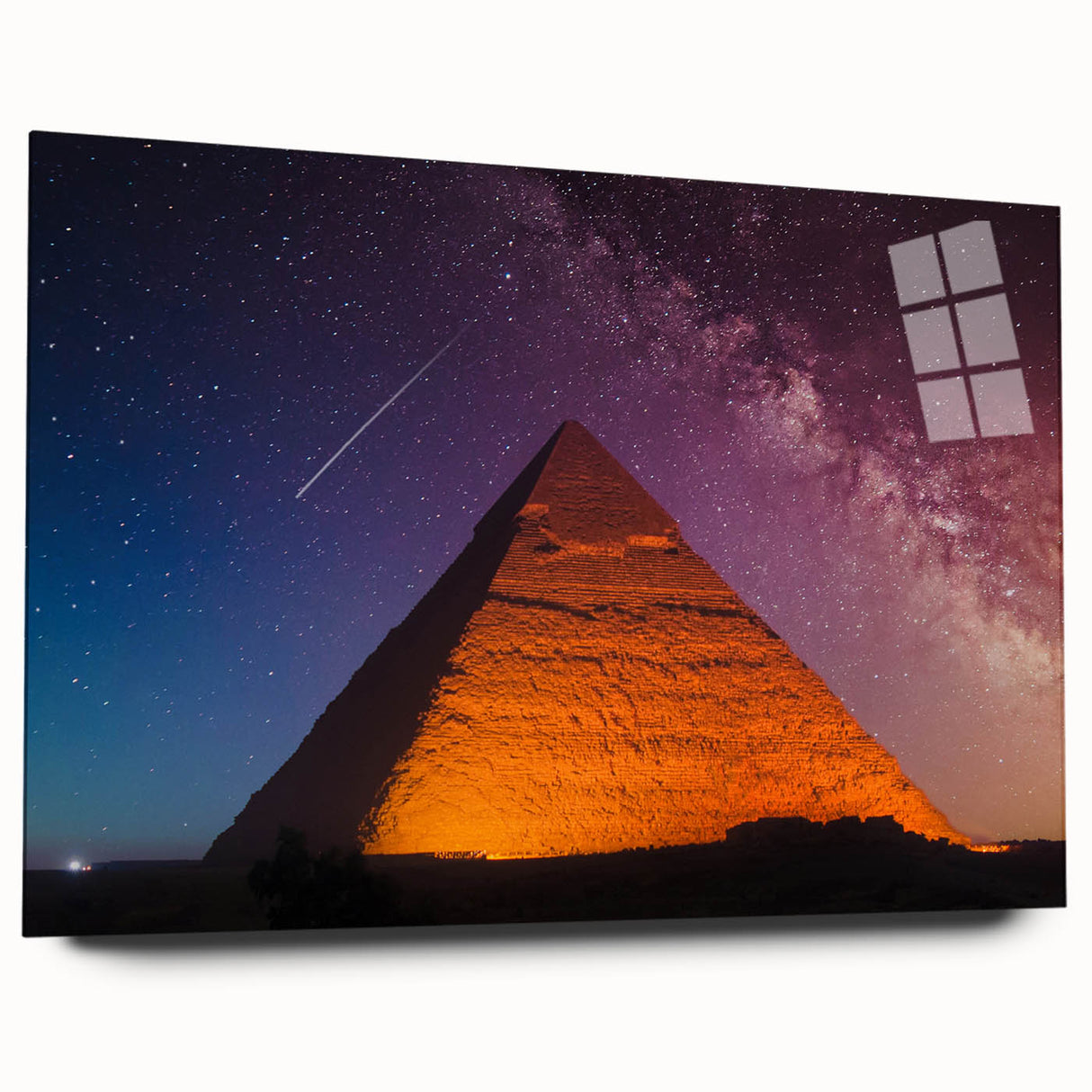 Large abstract wall art of Egyptian scenery in muted earth tones on acrylic glass, ideal for bedroom or dining room decor.