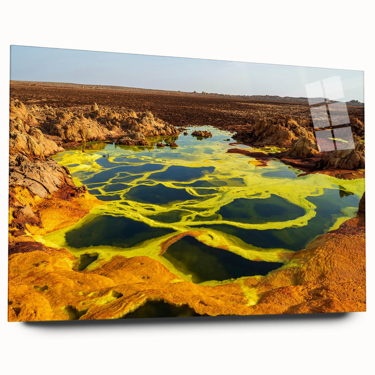 Large abstract art print depicting the Ethiopian landscape on acrylic glass, in earthy tones.