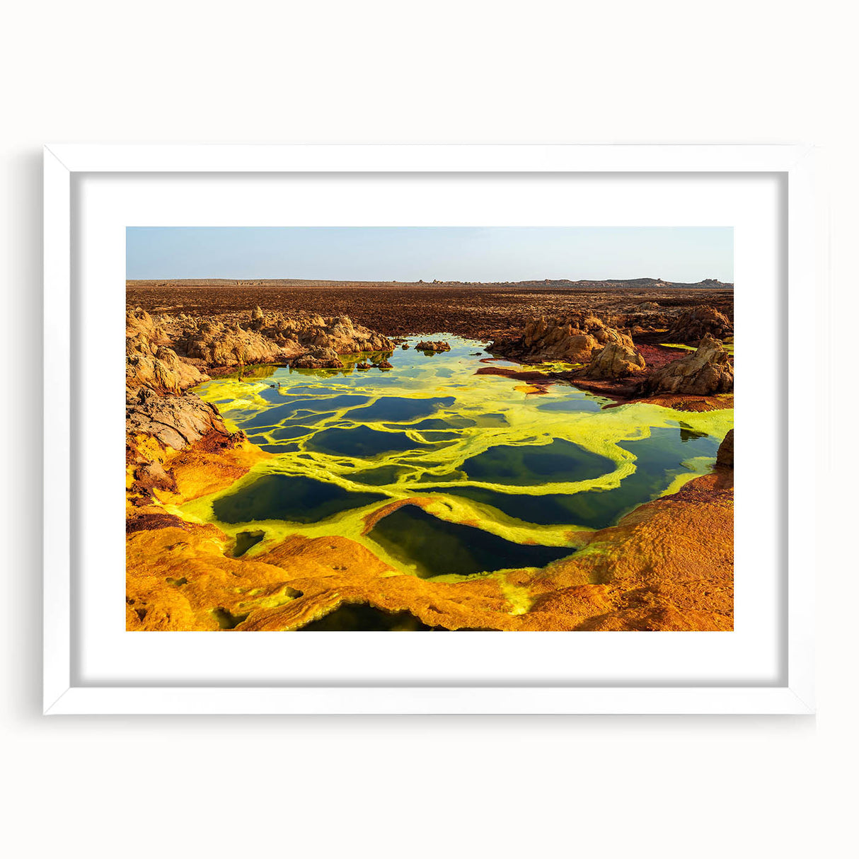 Extra large wall art depicting an abstract Ethiopian landscape in textured earth tones, framed with a white mat.