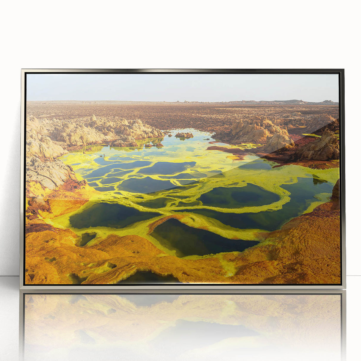 Framed acrylic print of an Ethiopian landscape in muted earth tones, ideal for modern art wall decor.