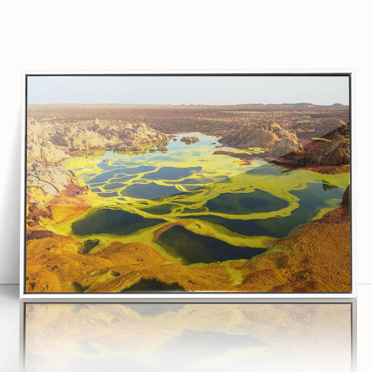 Framed acrylic print of an Ethiopian landscape in muted earth tones, ideal for modern art wall decor.