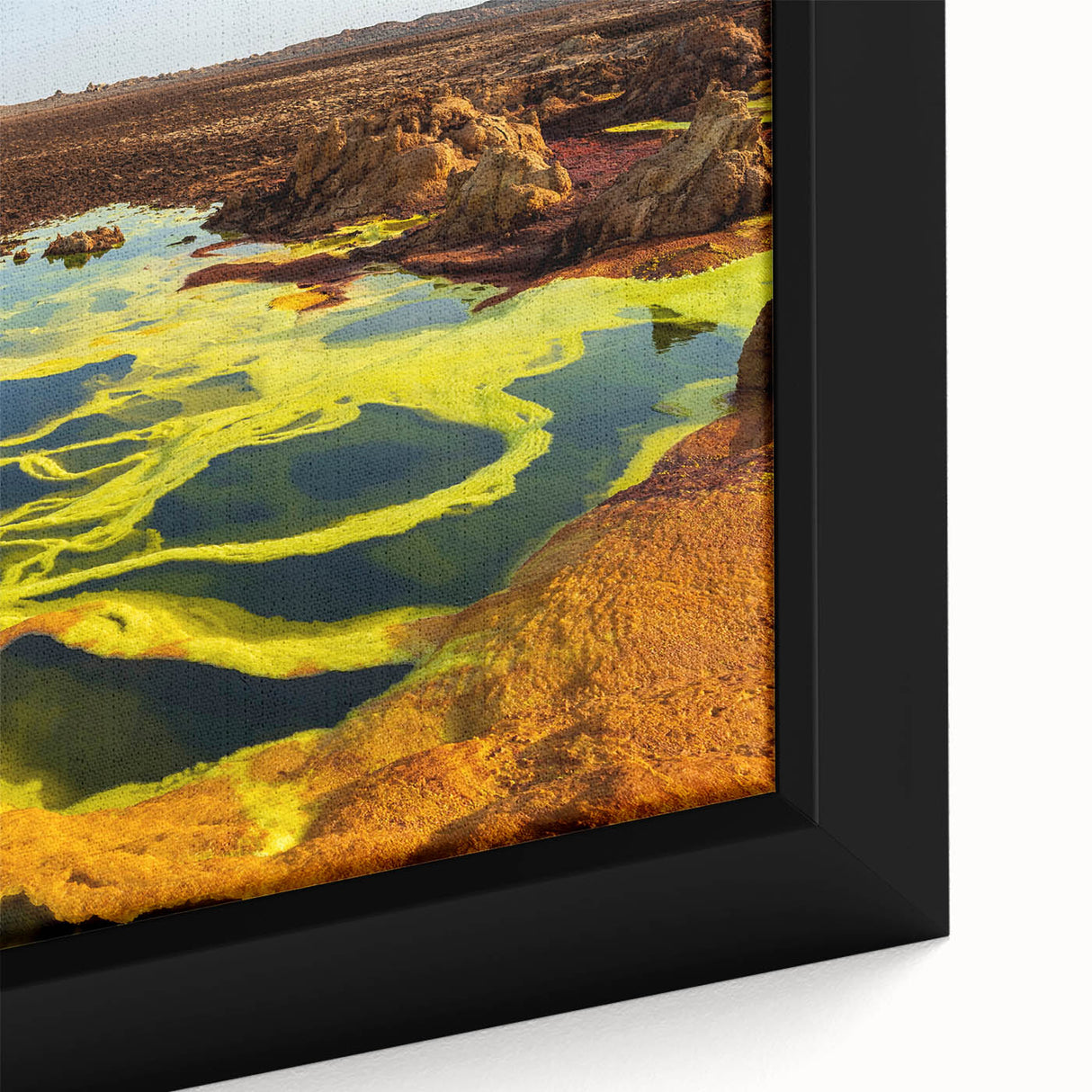 Extra large framed canvas featuring a textured, colorful depiction of an Ethiopian landscape, ideal for living room decor.
