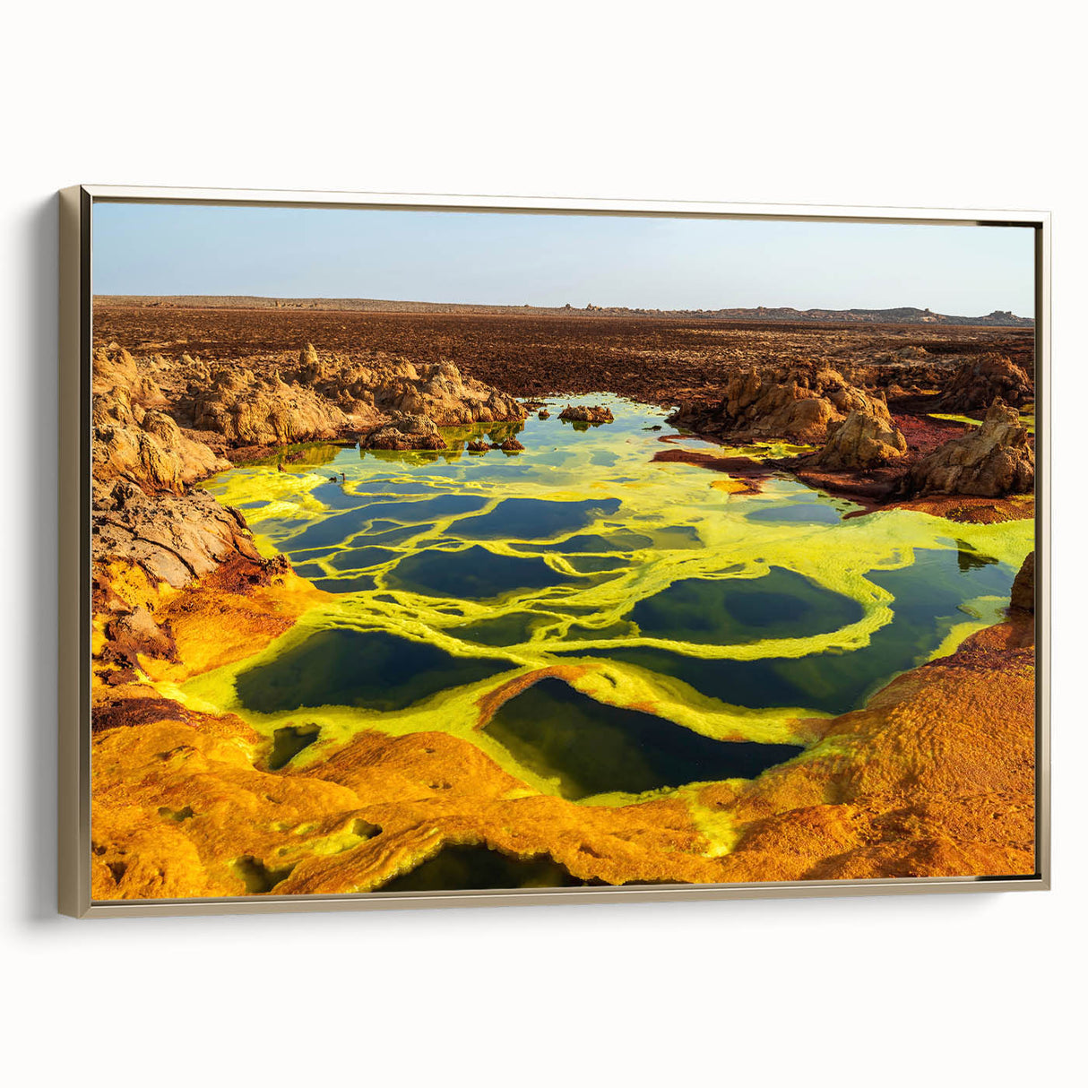 Framed canvas landscape art painting depicting the Ethiopian scenery in vibrant earth tones, suitable for living room decor.
