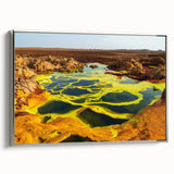 Vintage poster art of an Ethiopian landscape on framed canvas, featuring vibrant colorful art, ideal for living room decor.