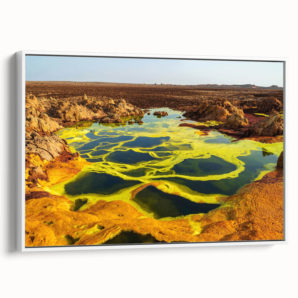 Ethiopian landscape painting on framed canvas, featuring muted earth tones, ideal for bedroom wall art.