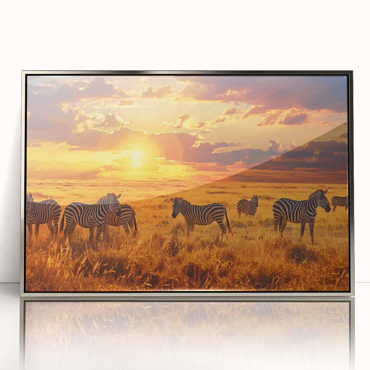 Acrylic print of an African scenery with silver frame, featuring warm earth tones, ideal for modern art wall decor.