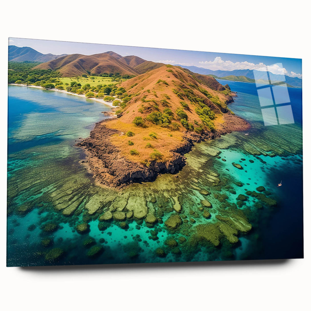 Large abstract wall art depicting a Madagascar scenery in muted earth tones on acrylic glass.