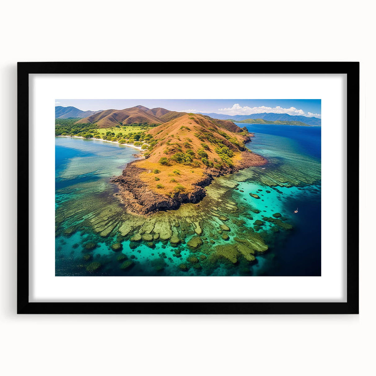 Extra large abstract art print depicting colorful, textured Madagascar scenery on a black framed canvas.