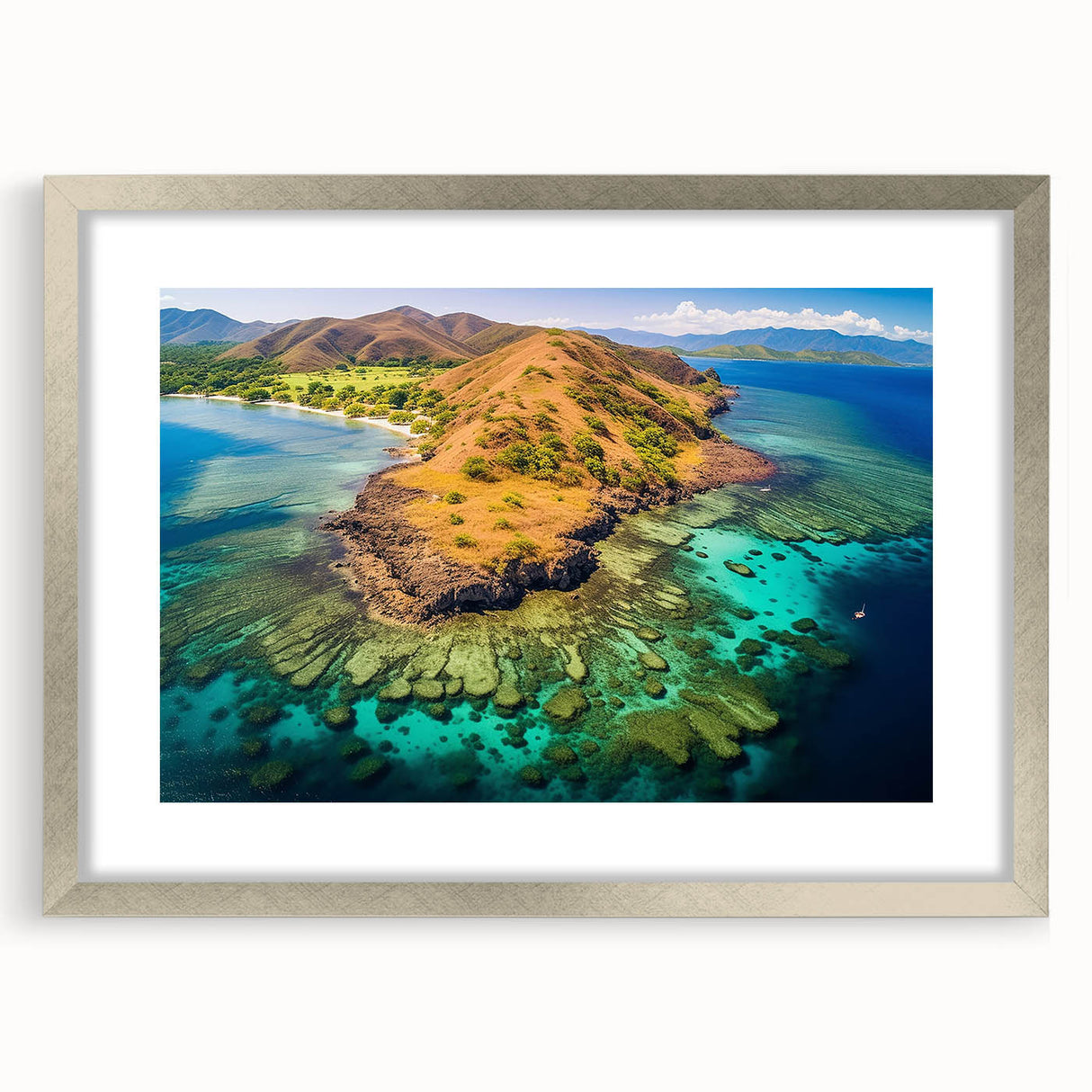 Abstract art print depicting a Madagascar landscape in muted earth tones on a framed silver mat, ideal for dining room decor.