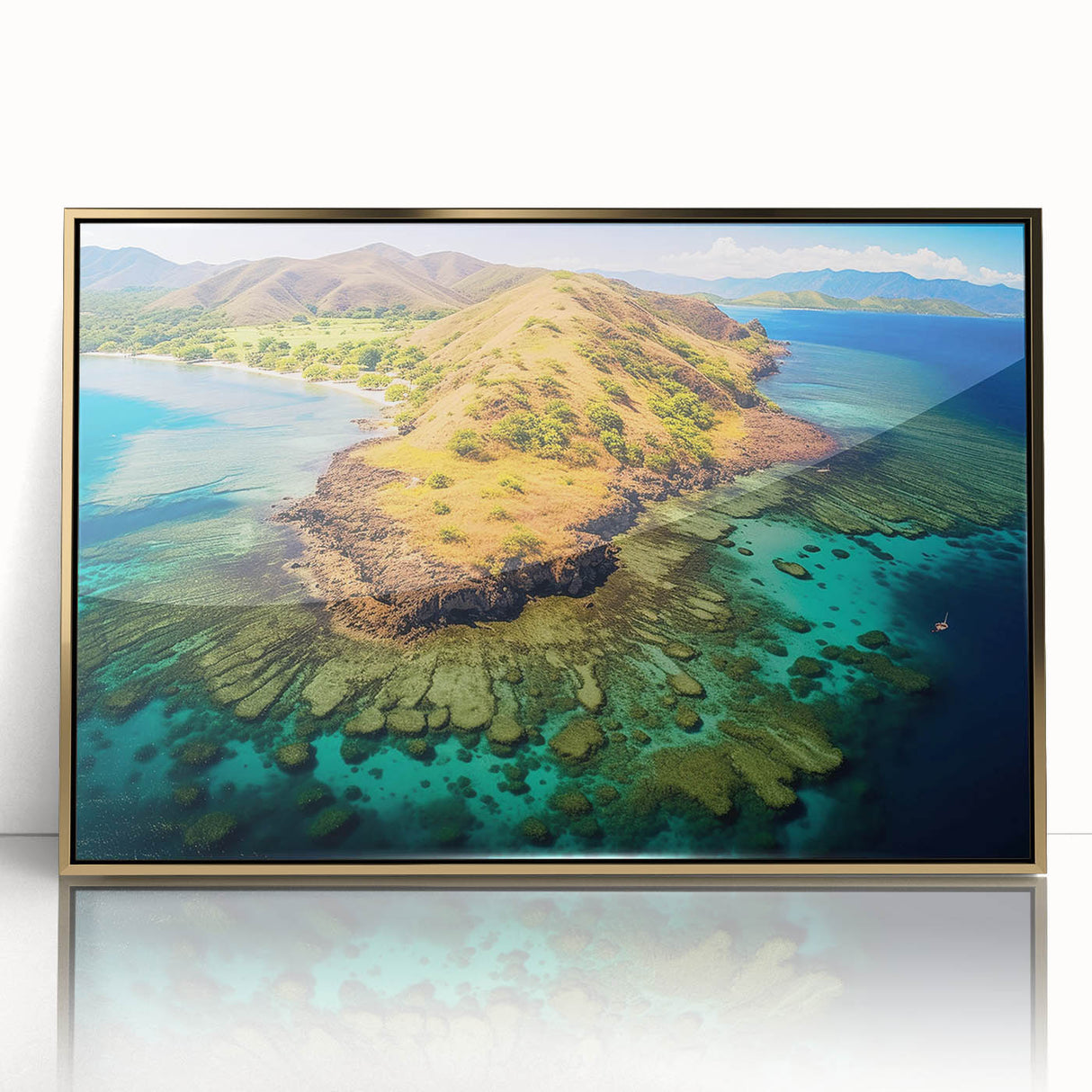 Mid-century modernist art depicting a Madagascar landscape in acrylic, framed in gold, suitable for nursery wall art.