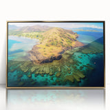 Mid-century modernist art depicting a Madagascar landscape in acrylic, framed in gold, suitable for nursery wall art.