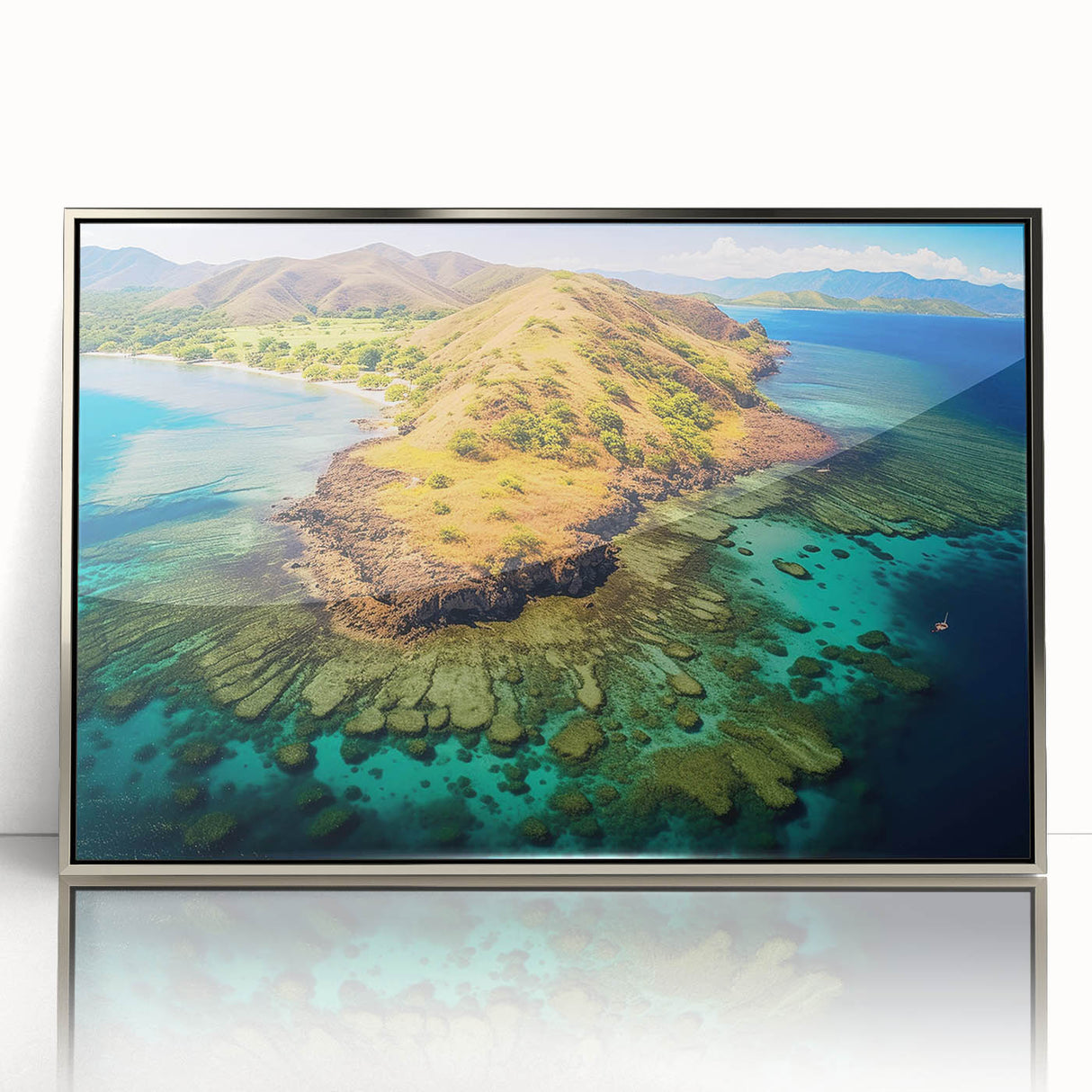 Art deco poster of a Madagascar landscape in muted earth tones on a framed acrylic, ideal for modern art wall decor.