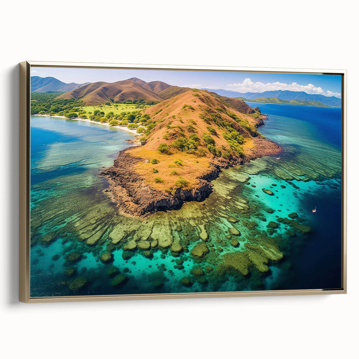 Landscape art painting of a Madagascar scenery on framed canvas, featuring vibrant colors and vintage poster style.