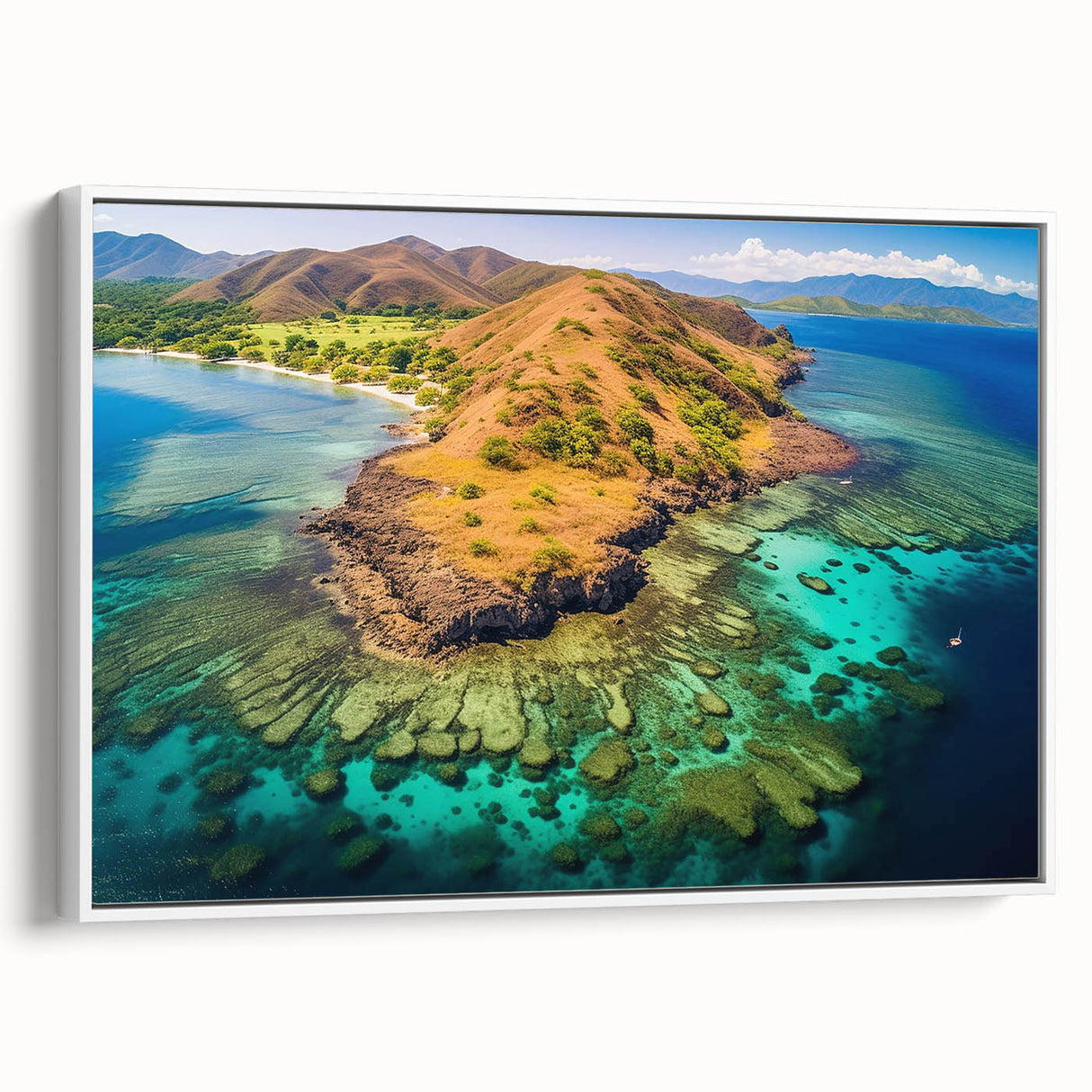 Framed canvas of a serene Madagascar landscape in muted earth tones, ideal for bedroom wall decor.