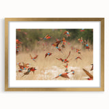 Textured art depicting abstract African scenery in earth tones on a gold-framed canvas, ideal for bedroom decor.