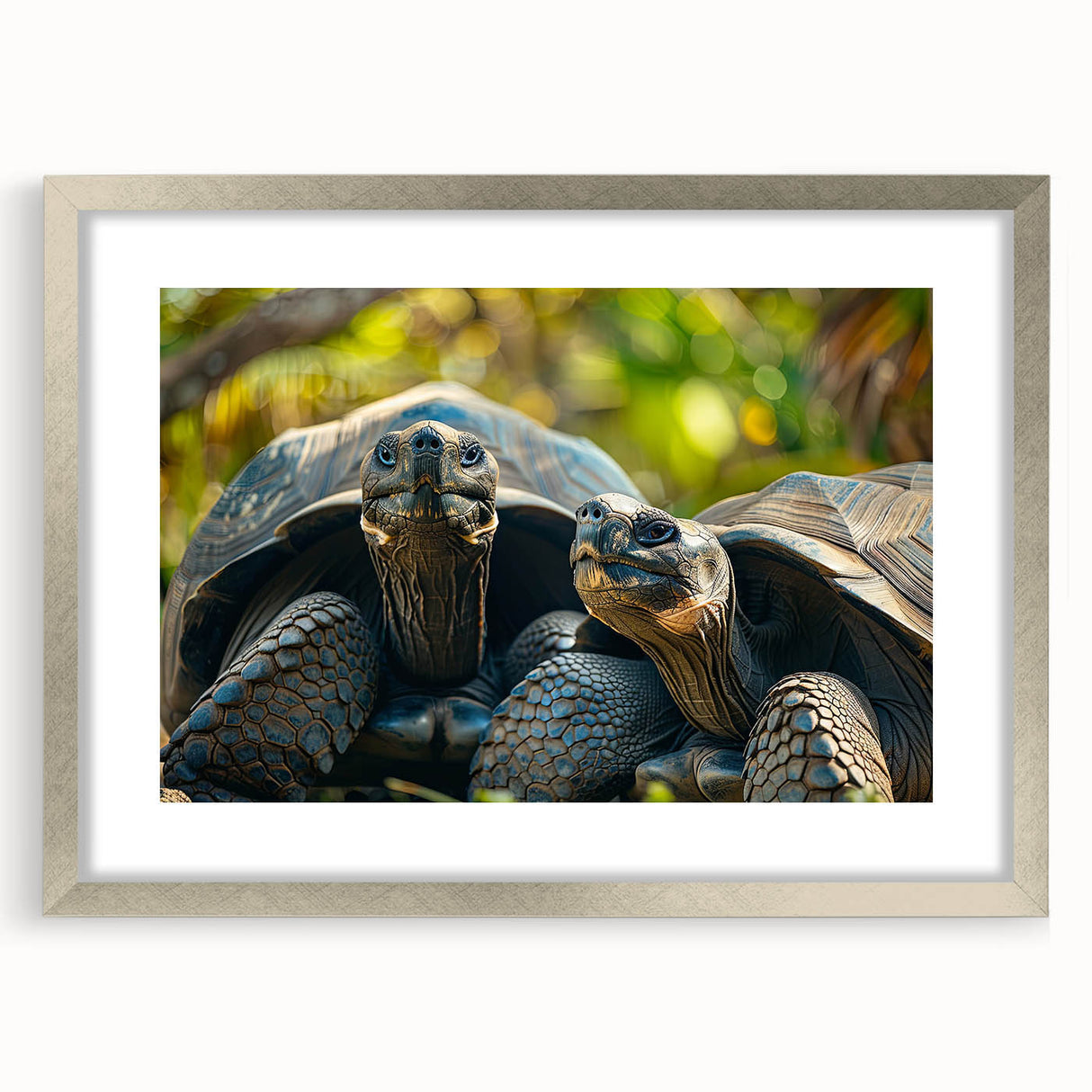 Textured abstract art print of a Seychelles scenery in silver frame, using soft blue and green hues, ideal for bedroom art.