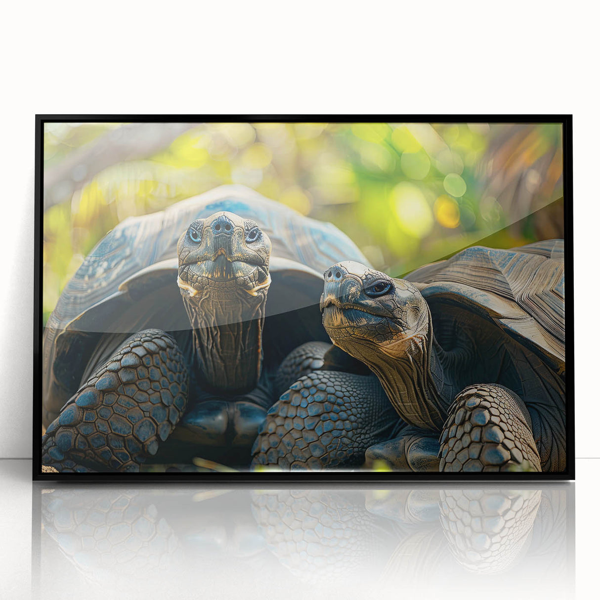 Large abstract wall art depicting a serene Seychelles landscape in muted blue and green tones on a framed acrylic print.