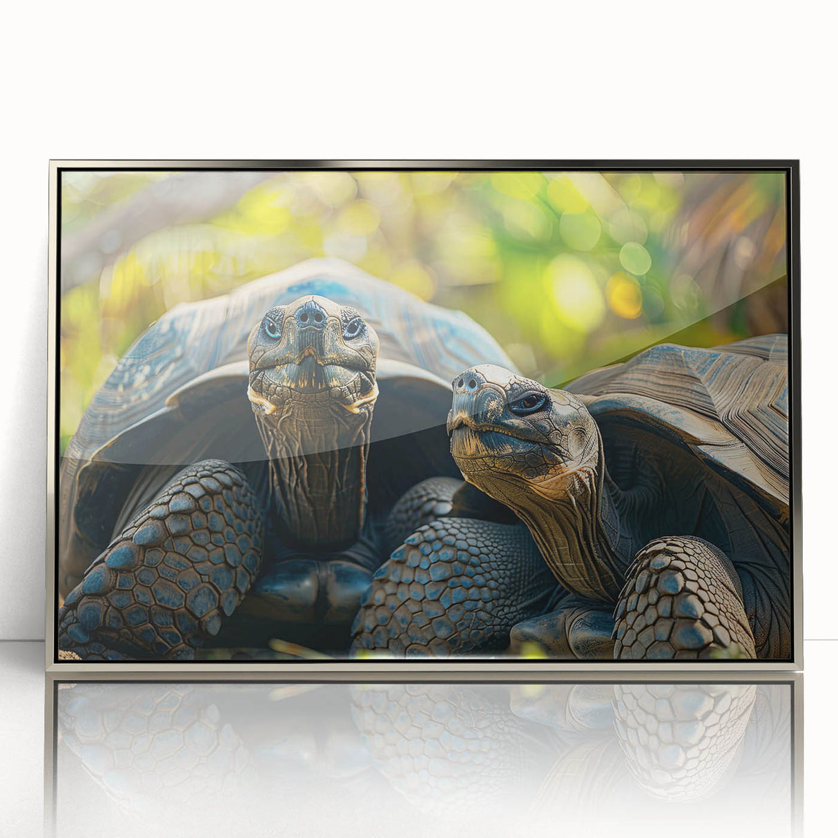 Mid-century modernist art depicting the Seychelles landscape in muted tones on a silver-framed acrylic.